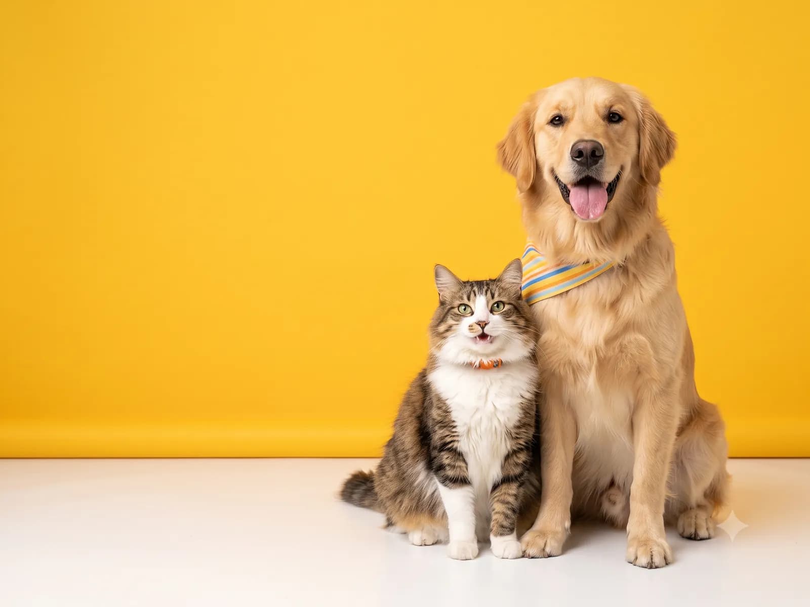 Cachorro e gato lado a lado, felizes