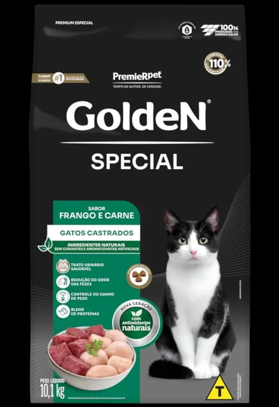 Ração Golden Special Gatos Castrados Frango e Carne 10,1kg, embalagem promocional Pague 9 Leve 10,1