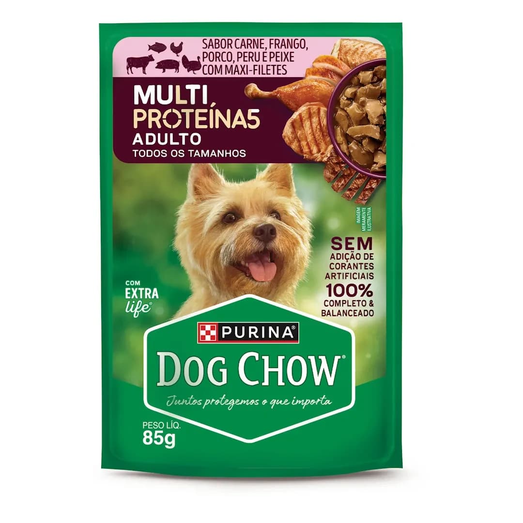 Ração Úmida Dog Chow Cães Adultos Multiproteína Sachê 85g