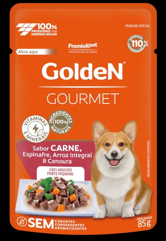 Sachê Golden Gourmet Cães Adultos Porte Pequeno Carne, Espinafre, Arroz Integral e Cenoura 85g