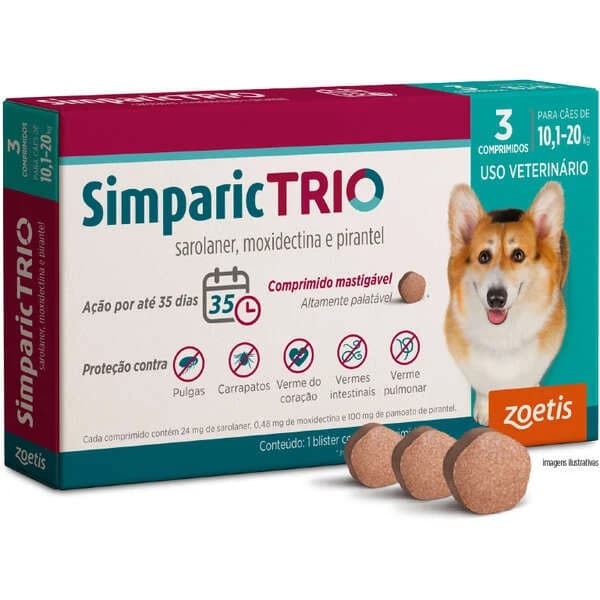 Simparic TRIO 24mg Cães 10,1 a 20kg 3 Comprimidos